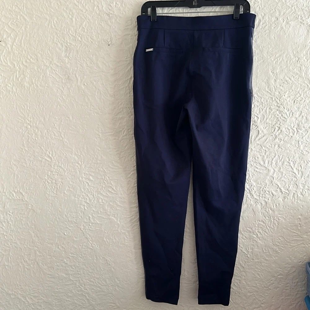 Betabrand Skinny-Leg Jett Dress Pant Yoga Pants Faux Leather Dark Blue LONG L